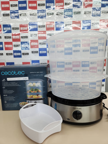 Vaporera 800 W, 60 minutos temporizador, eléctrica Vapovita 3000 Inox, 3 recipientes Independientes, Cuenco para Preparar arroz, Soportes para cocer Huevos, 2 entradas Laterales de Agua, Gris, Cecotec